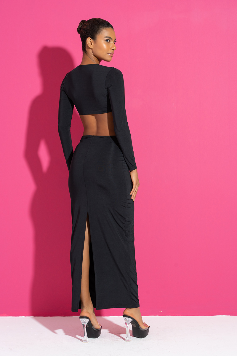 Wholesale Black Long-Sleeve Crop Top & Skirt Set