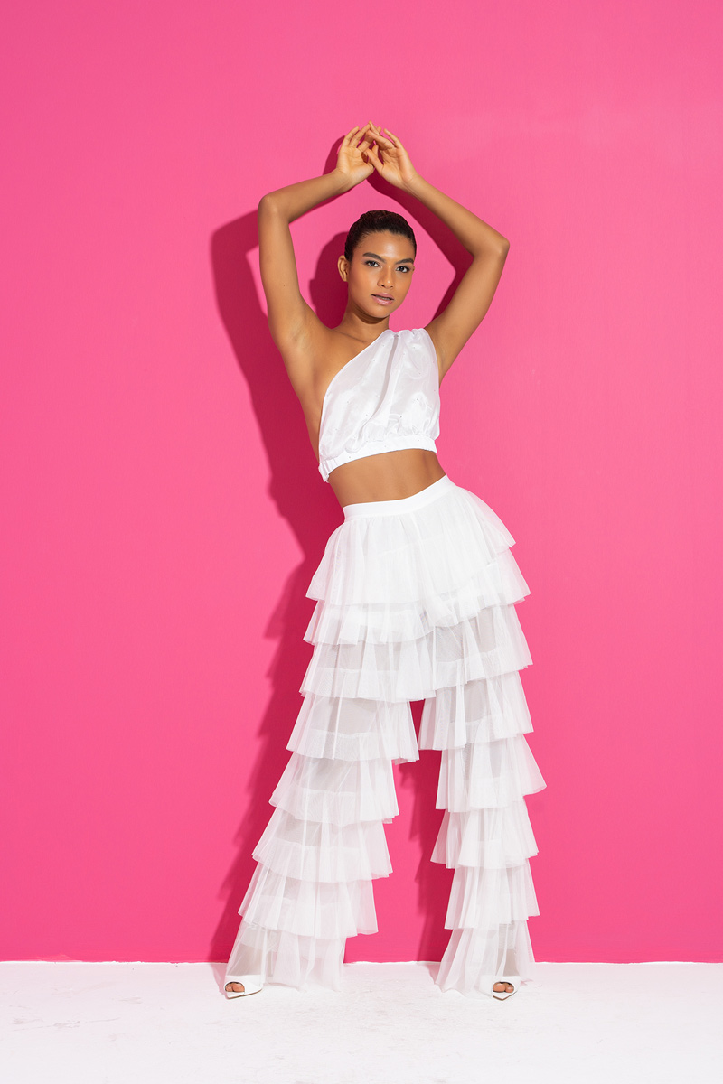 Wholesale Tiered Tulle Pants in Offwhite
