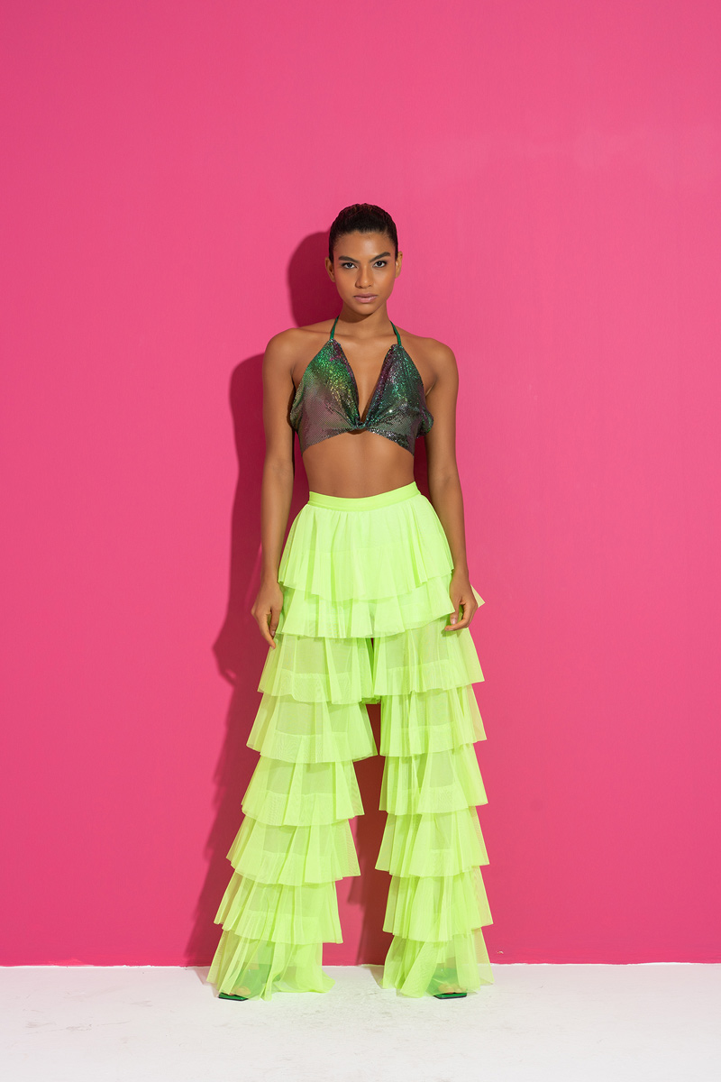 Wholesale Tiered Tulle Pants in Neon Green