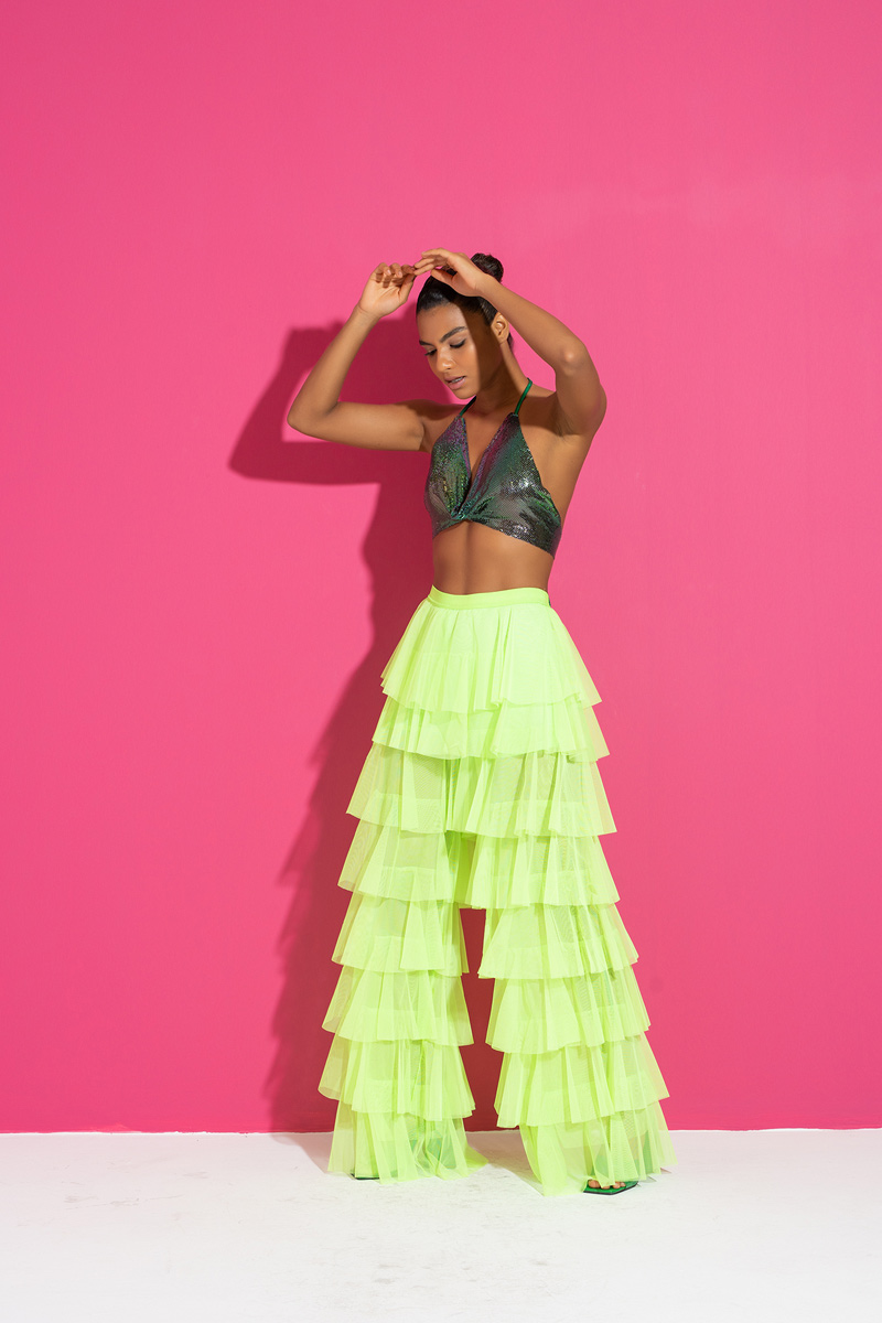 Tiered Tulle Pants in Neon Green