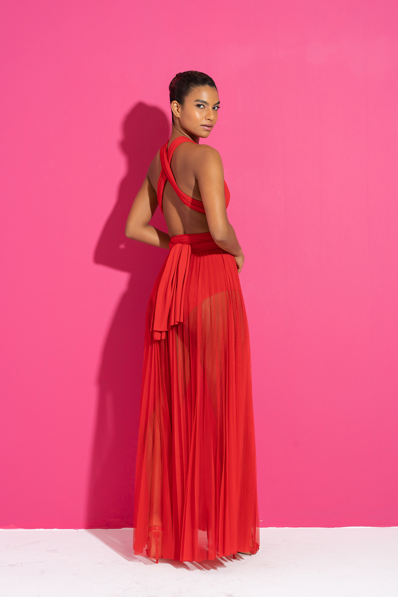 Wholesale Sheer Pleated Maxi Skirt in  Red