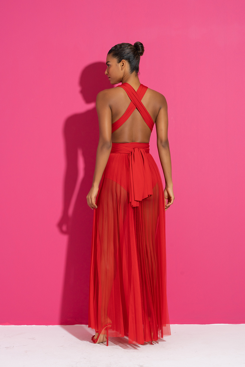 Sheer Pleated Maxi Skirt in  Red