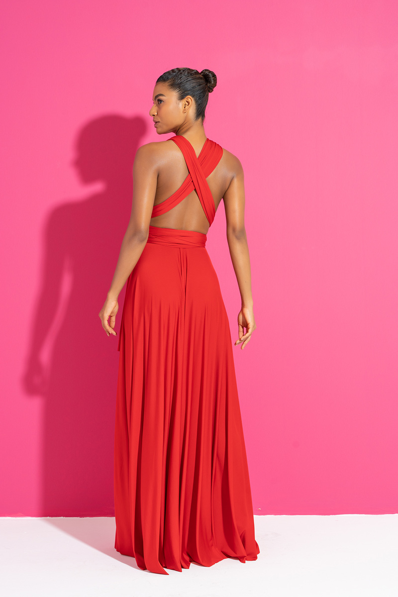 Wholesale V Neck Sleeveless Red Pleated Long Dress