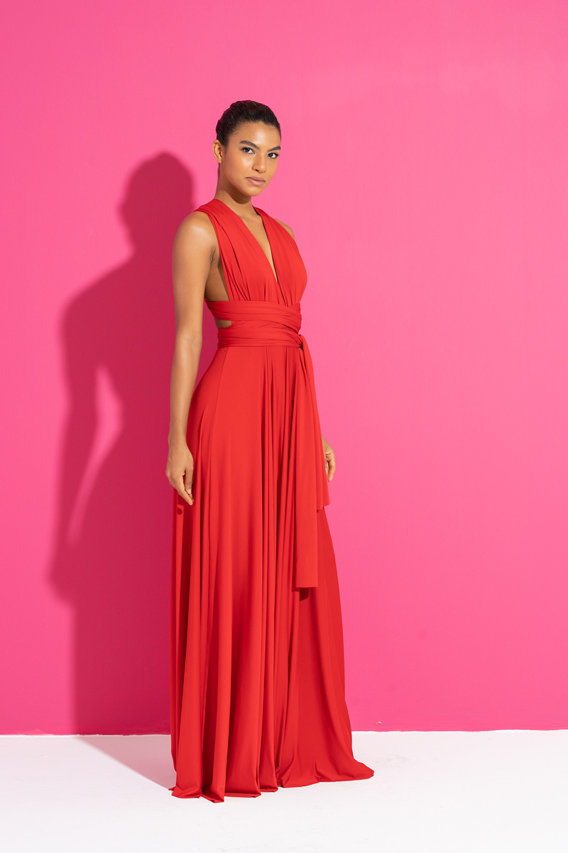 Wholesale V Neck Sleeveless Red Pleated Long Dress
