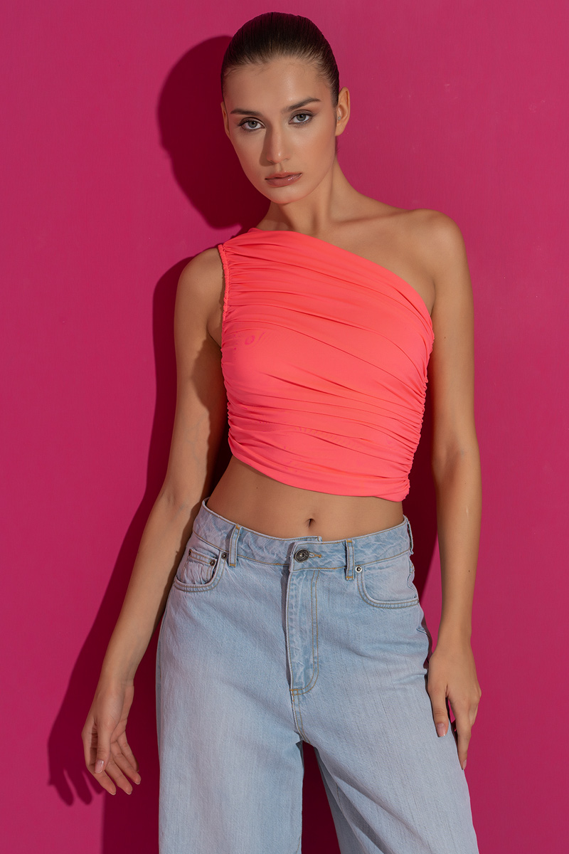 Wholesale Neon Pink One-Shoulder Shirred Top