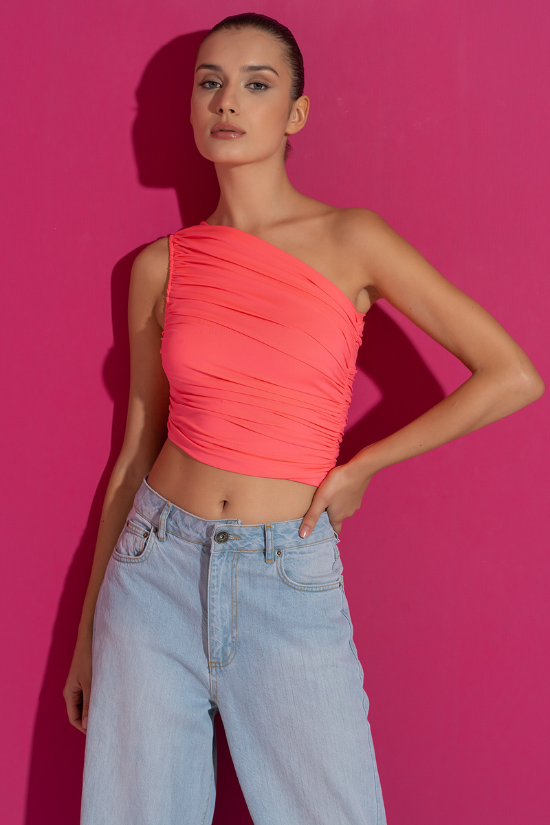 Wholesale Neon Pink One-Shoulder Shirred Top