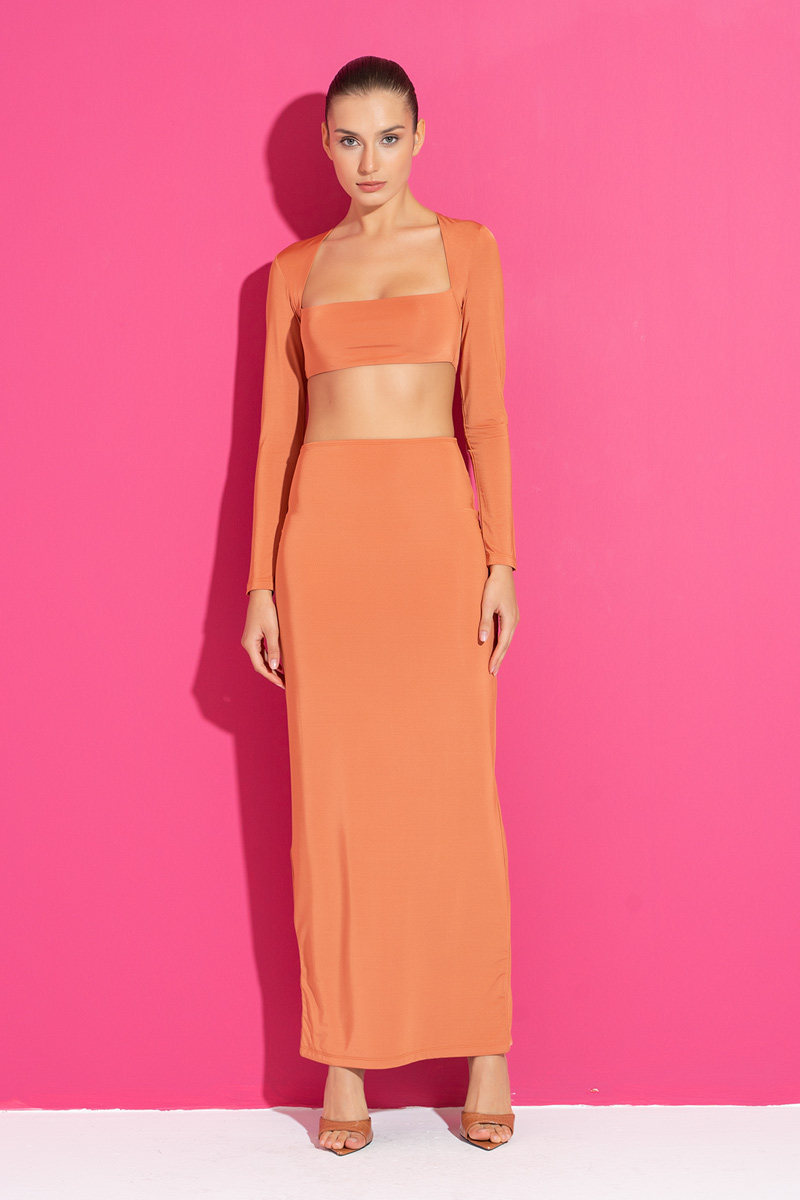 Ochre Long-Sleeve Crop Top & Skirt Set