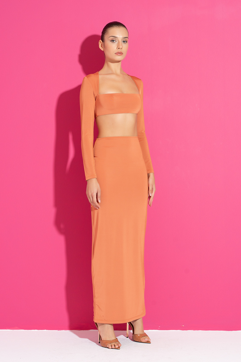 Ochre Long-Sleeve Crop Top & Skirt Set