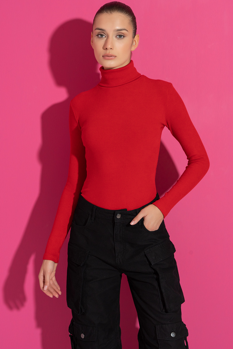 Ribbed Knit Turtleneck Red Top