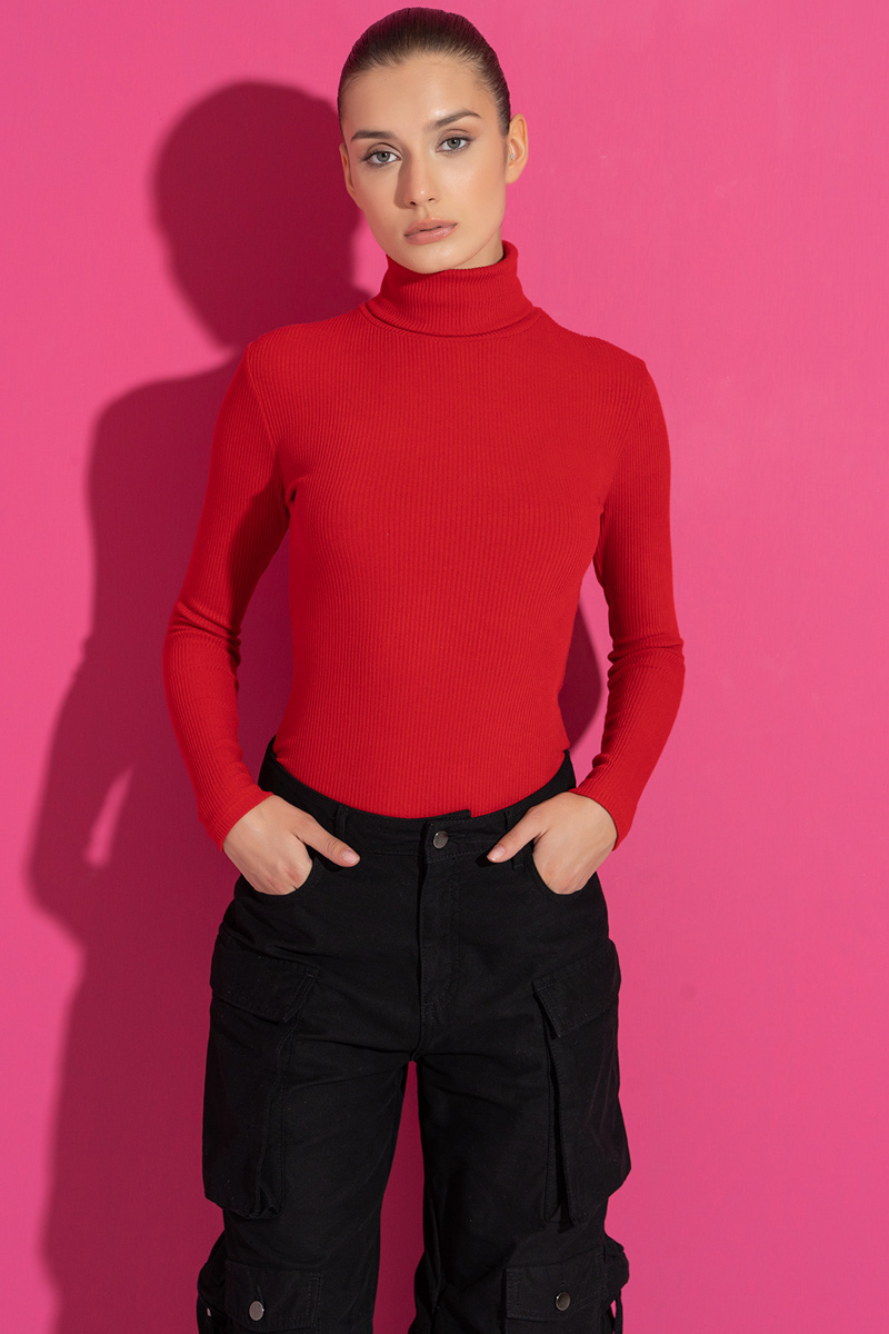 Ribbed Knit Turtleneck Red Top