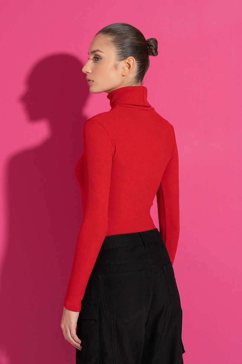 Wholesale Ribbed Knit Turtleneck Red Top
