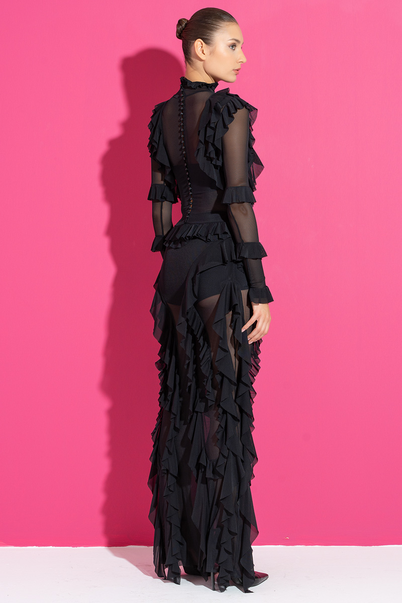 Fırfırlı Siyah Transparan Elbise