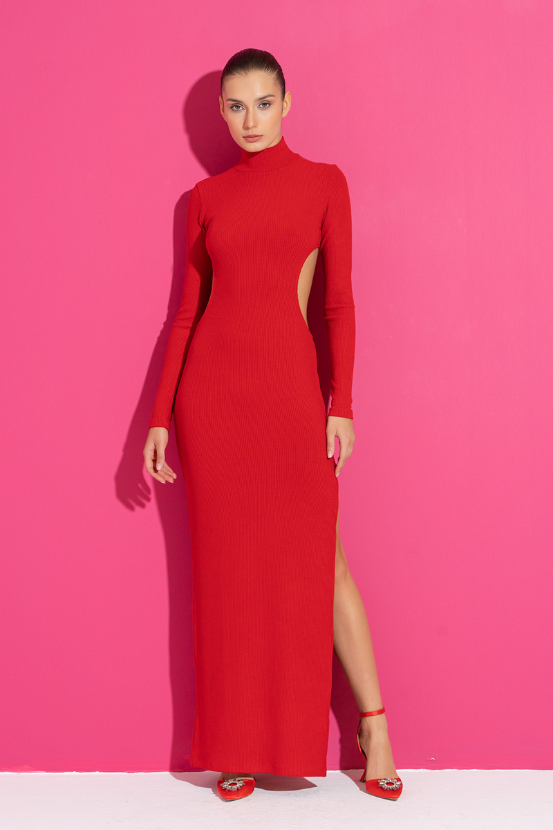 Wholesale Red Backless Split-Leg Maxi Dress