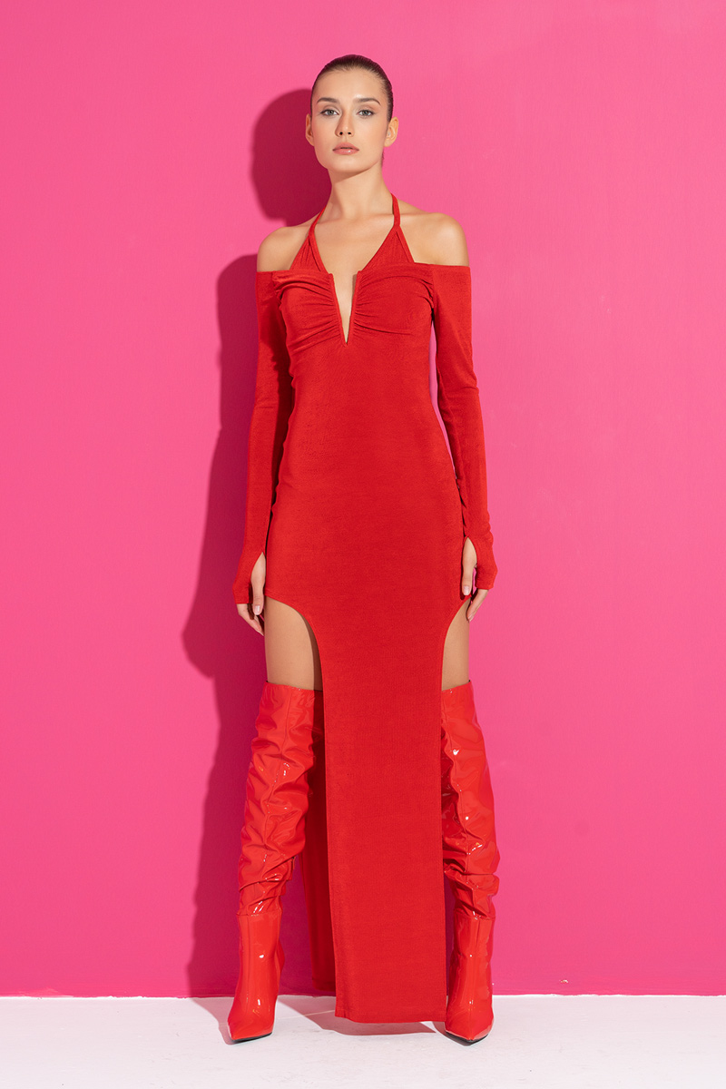 Red Cut Out Shoulder Long-Sleeve Split-Side Dress