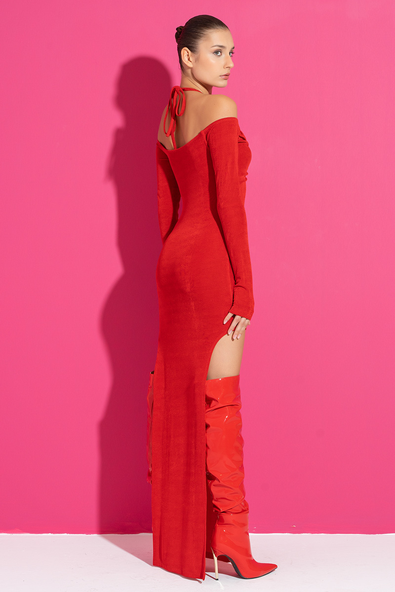 Red Cut Out Shoulder Long-Sleeve Split-Side Dress