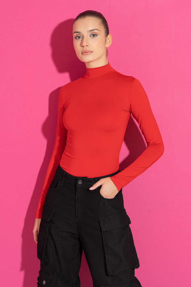Red Long Sleeve Mock Neck Top