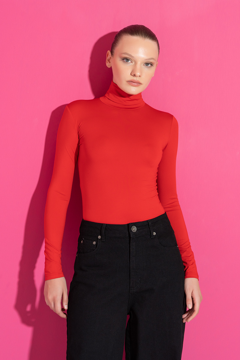 Slim Fit Long Sleeve Roll Neck Red Top