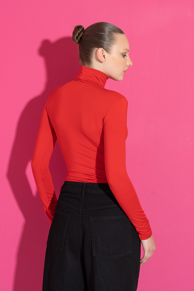 Wholesale Slim Fit Long Sleeve Roll Neck Red Top