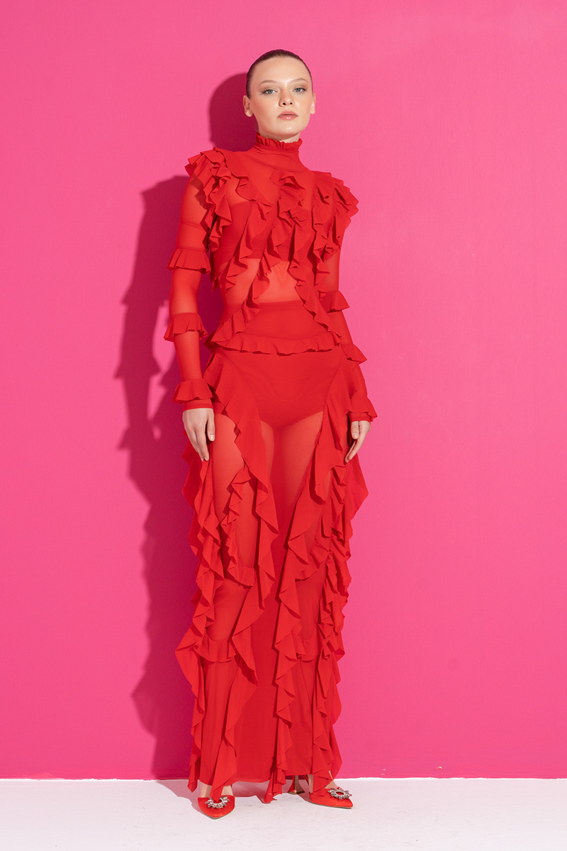 Fırfırlı Kırmızı Transparan Elbise