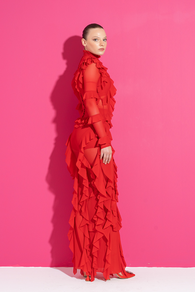 Wholesale Sheer Ruffled Maxi Dress in Red
