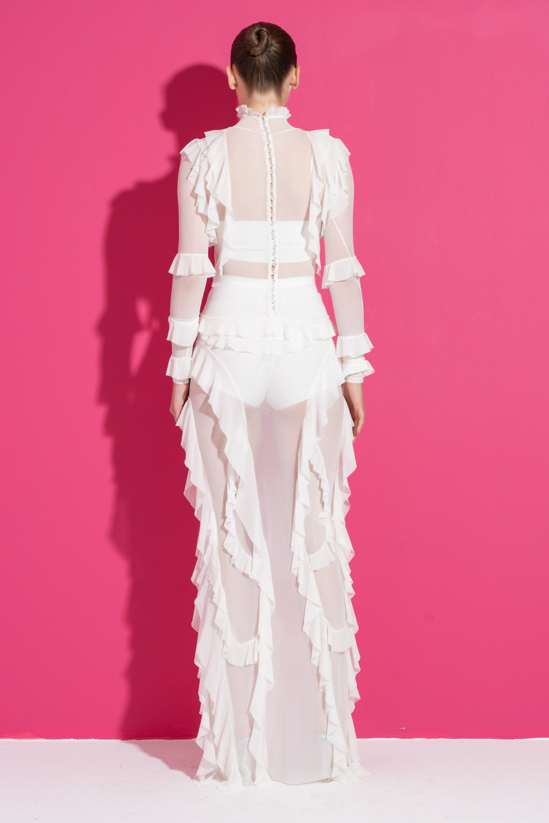 Fırfırlı Off white Transparan Elbise