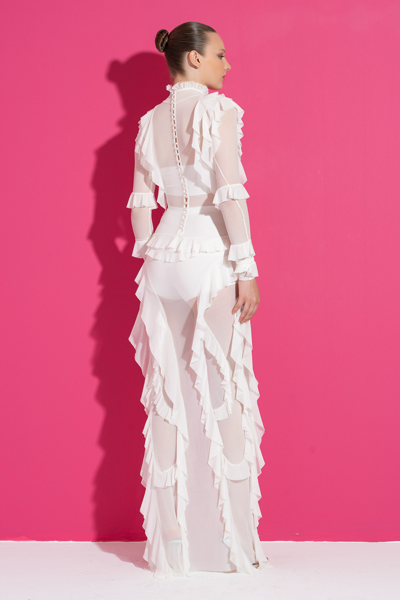 Toptan Fırfırlı Off white Transparan Elbise