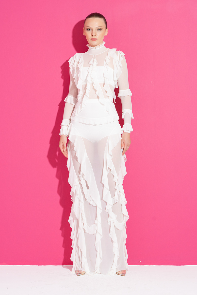 Toptan Fırfırlı Off white Transparan Elbise