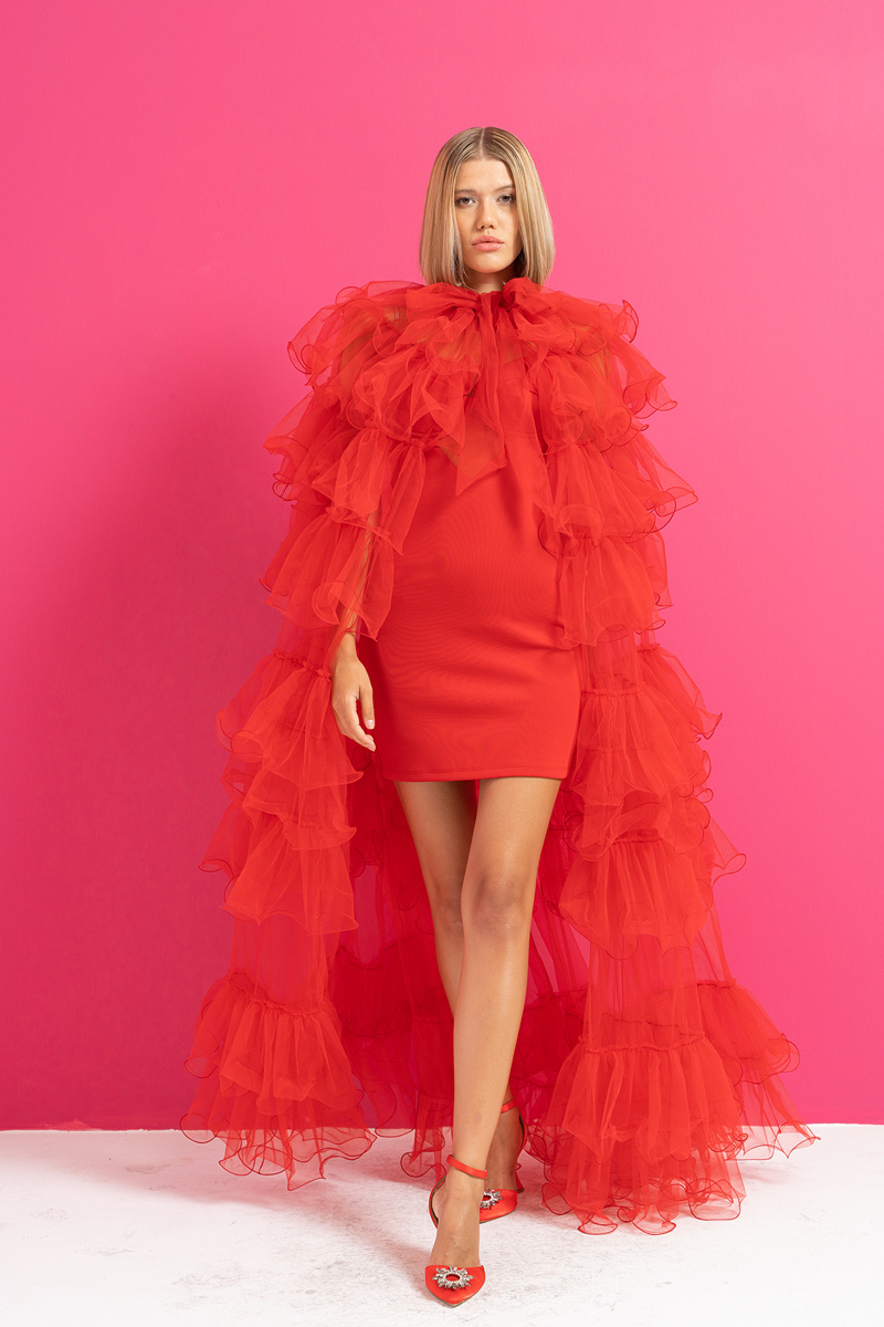 Wholesale Red Tiered-Ruffle Tulle Cape