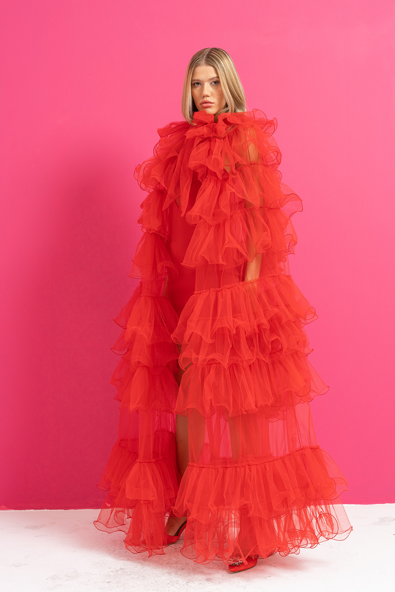 Red Tiered-Ruffle Tulle Cape