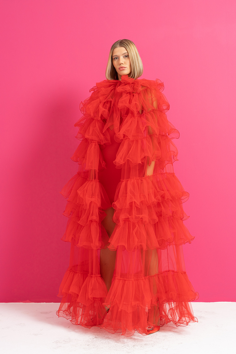 Red Tiered-Ruffle Tulle Cape