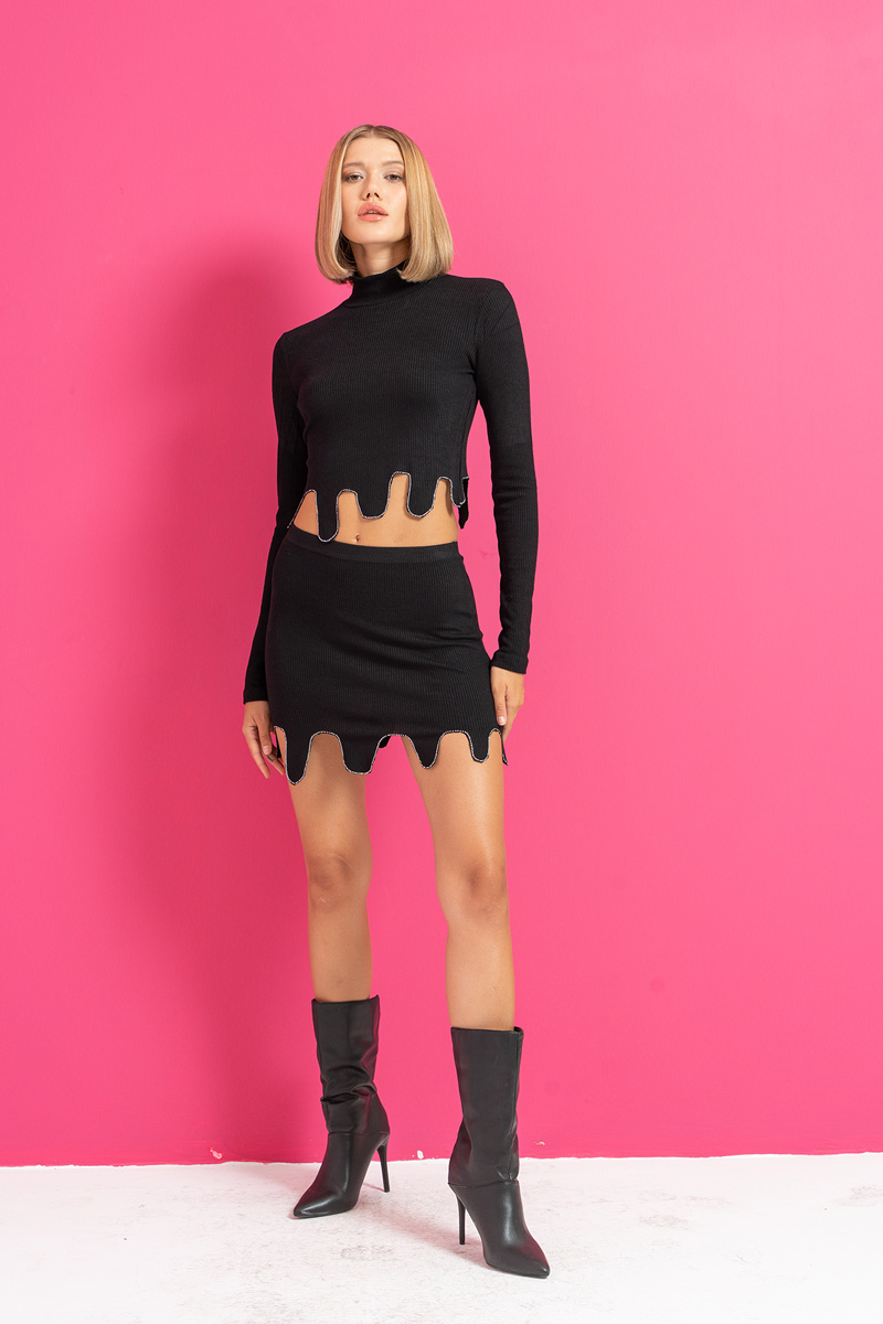 Black Embellished-Hem Crop Top & Skirt Set