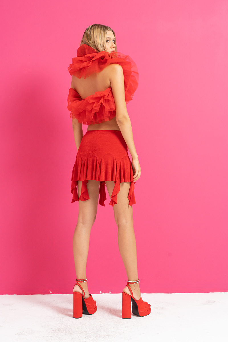 Red Ruffle-Hem Mini Skirt