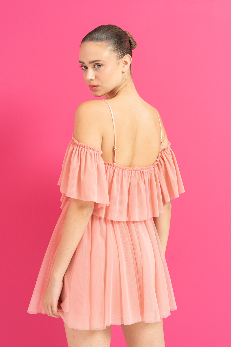 Wholesale Salmon Off-the-Shoulder Cami Tulle Dress