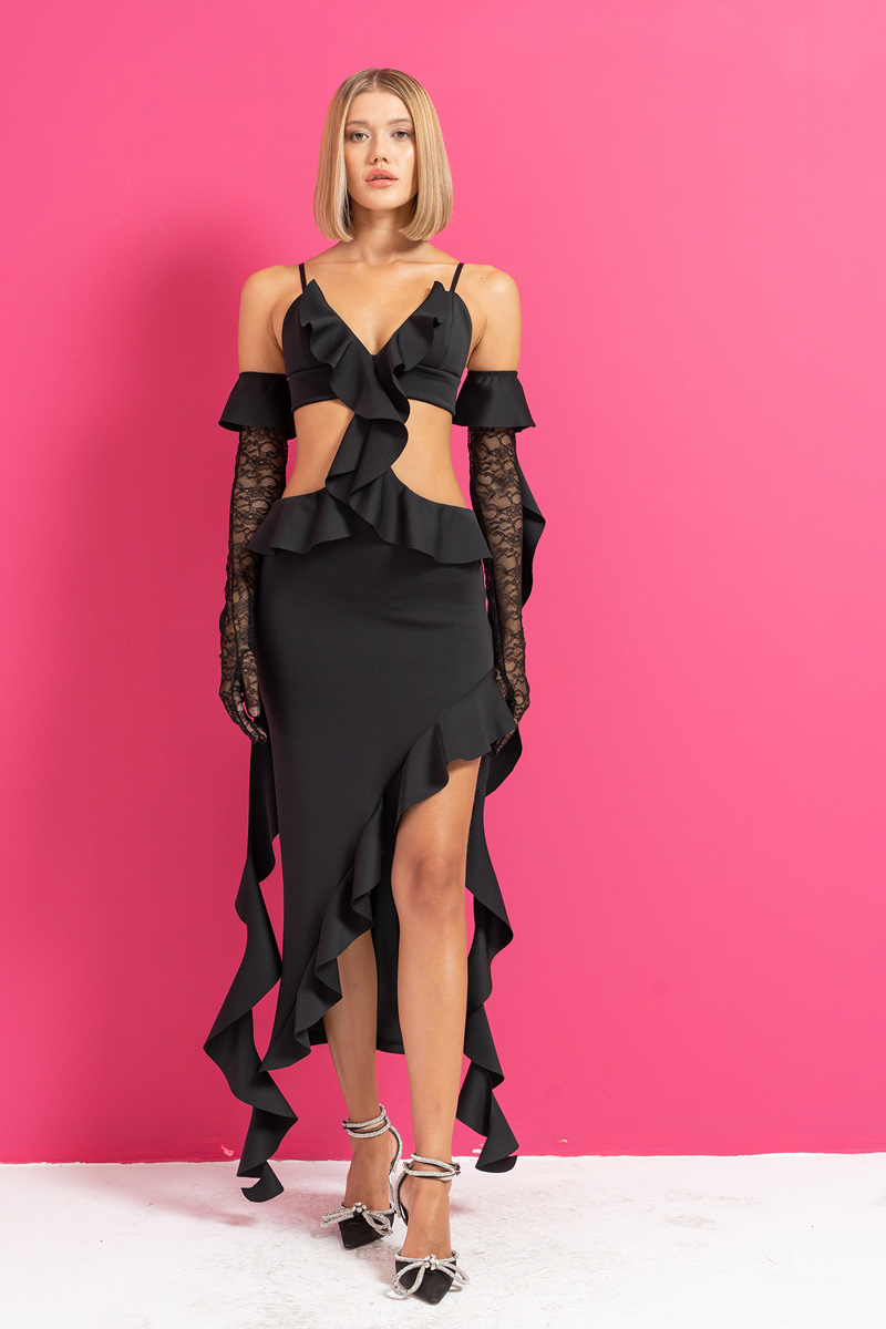 Wholesale Black Ruffle Cami Dress with Lace Gloves