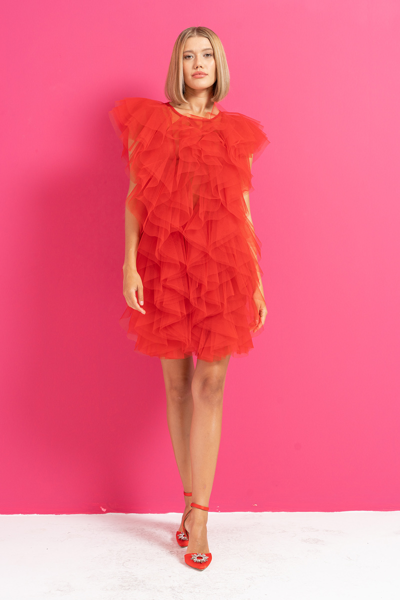 Wholesale Red Ruffle Tulle Mini Dress