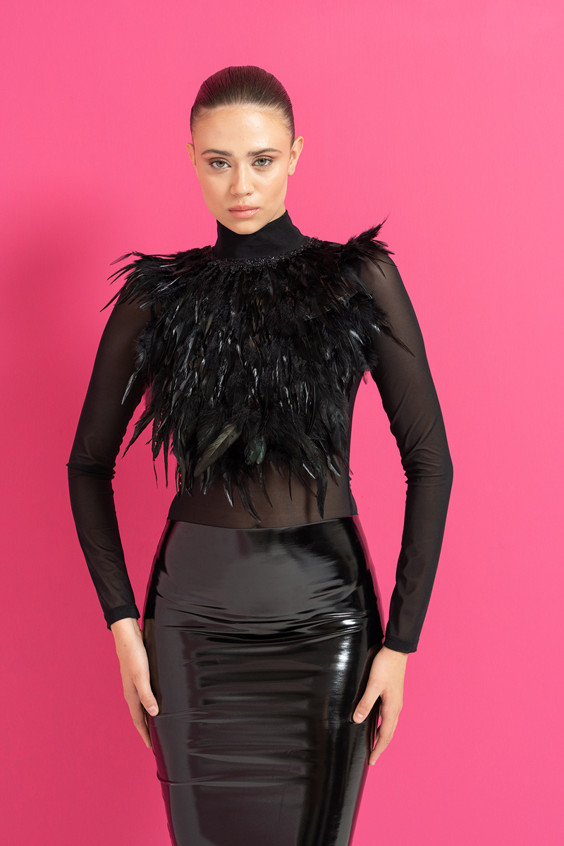 Feathered Black Sheer Blouse