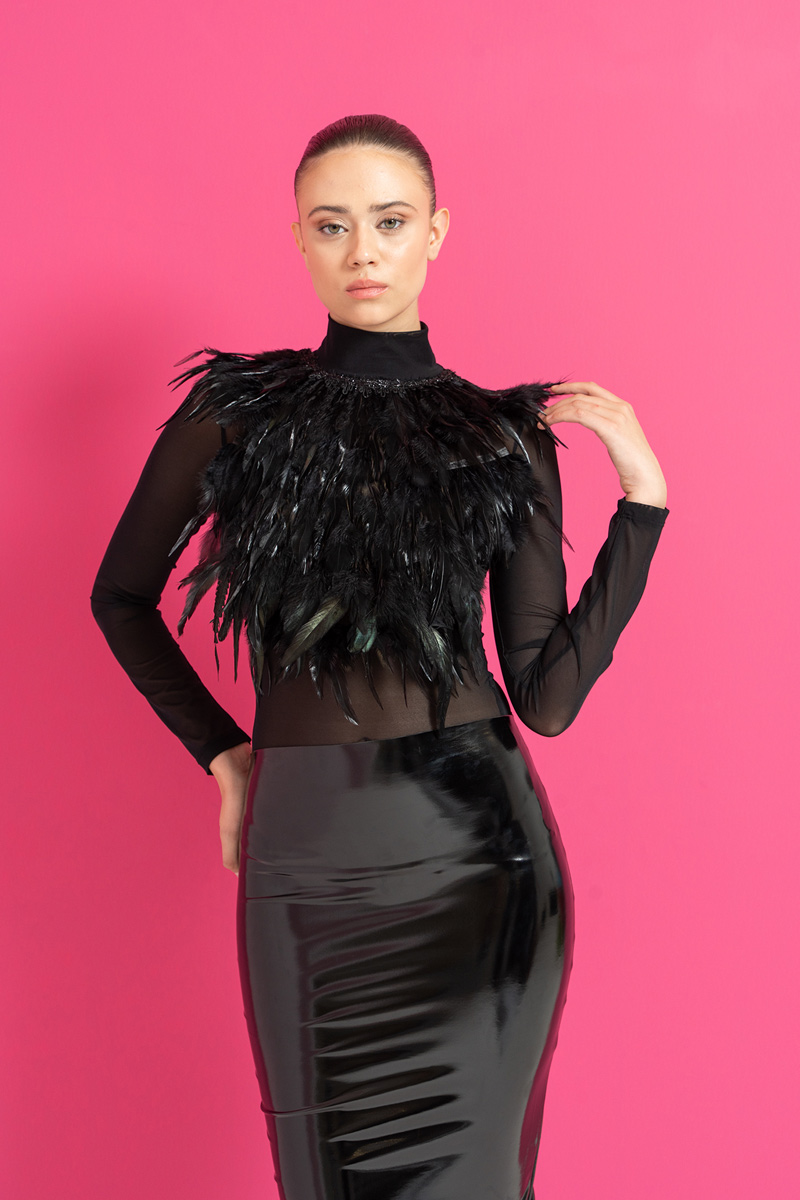 Feathered Black Sheer Blouse