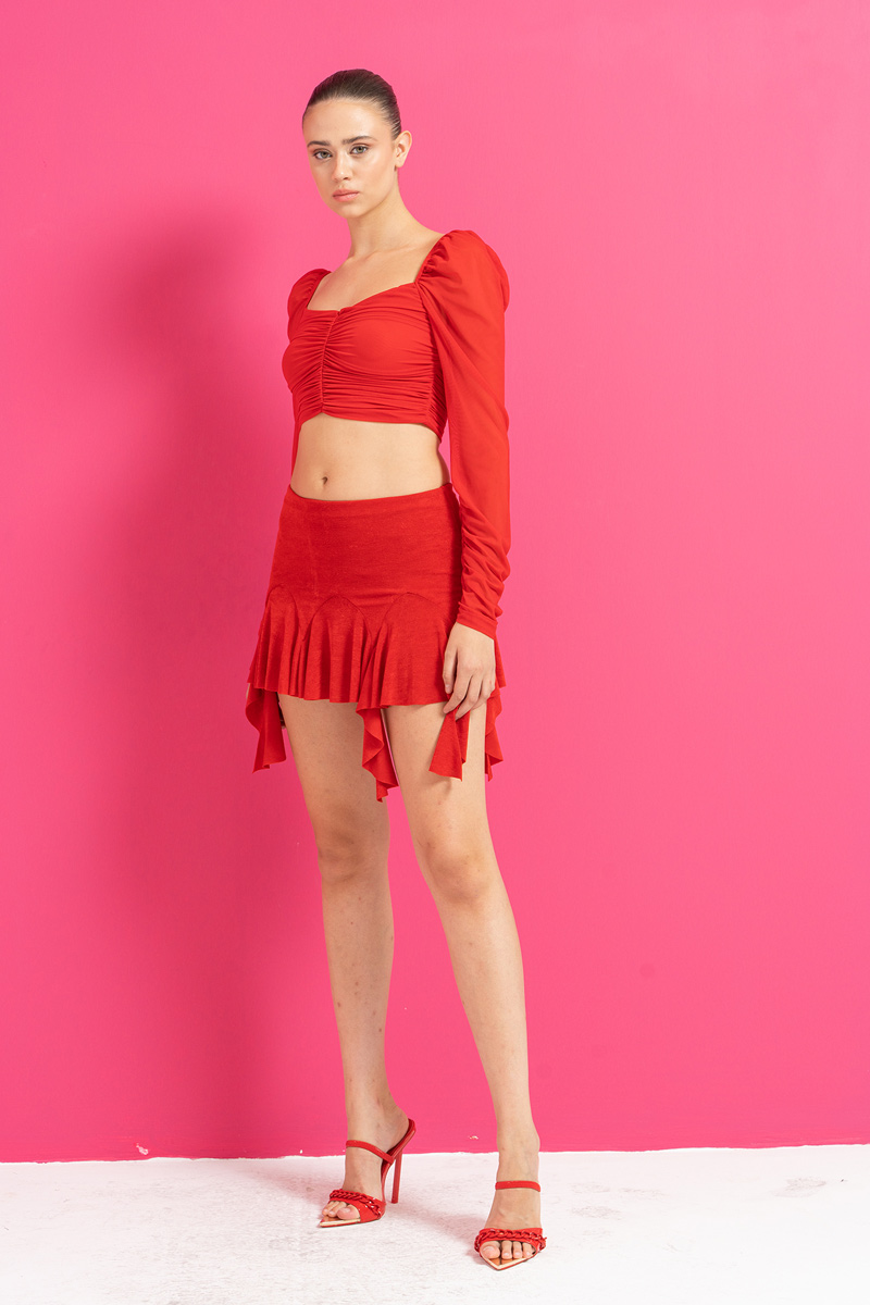 Red Ruffle-Hem Mini Skirt