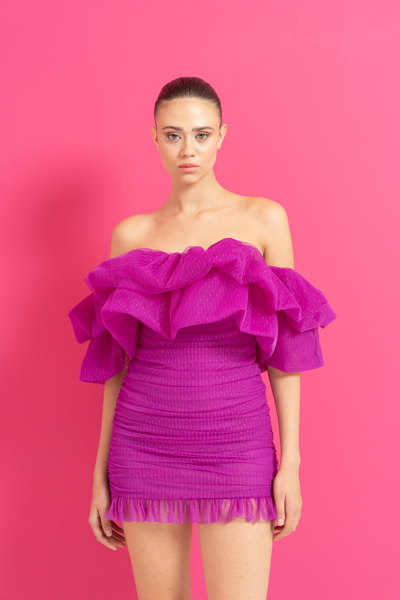Tulle Detail Pleated Magenta Strapless Dress