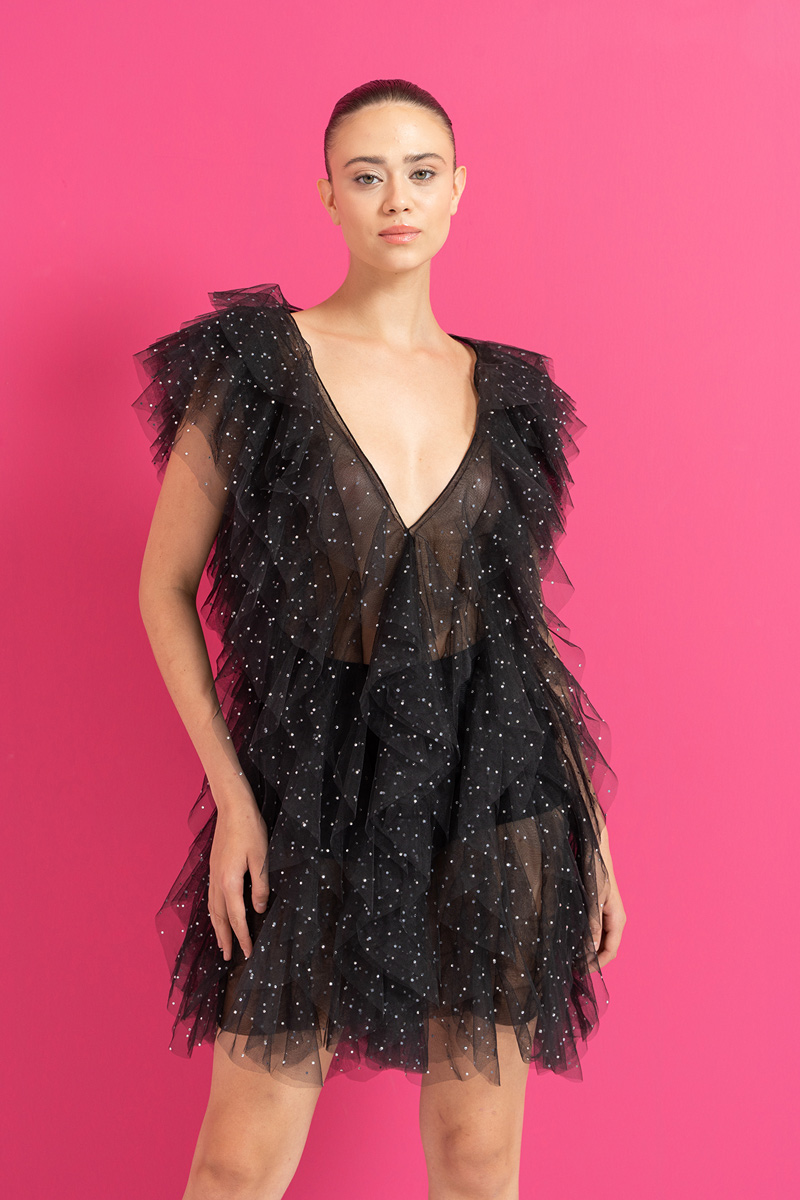 Wholesale Black V-Neck Ruffle Embellished Tulle Dress