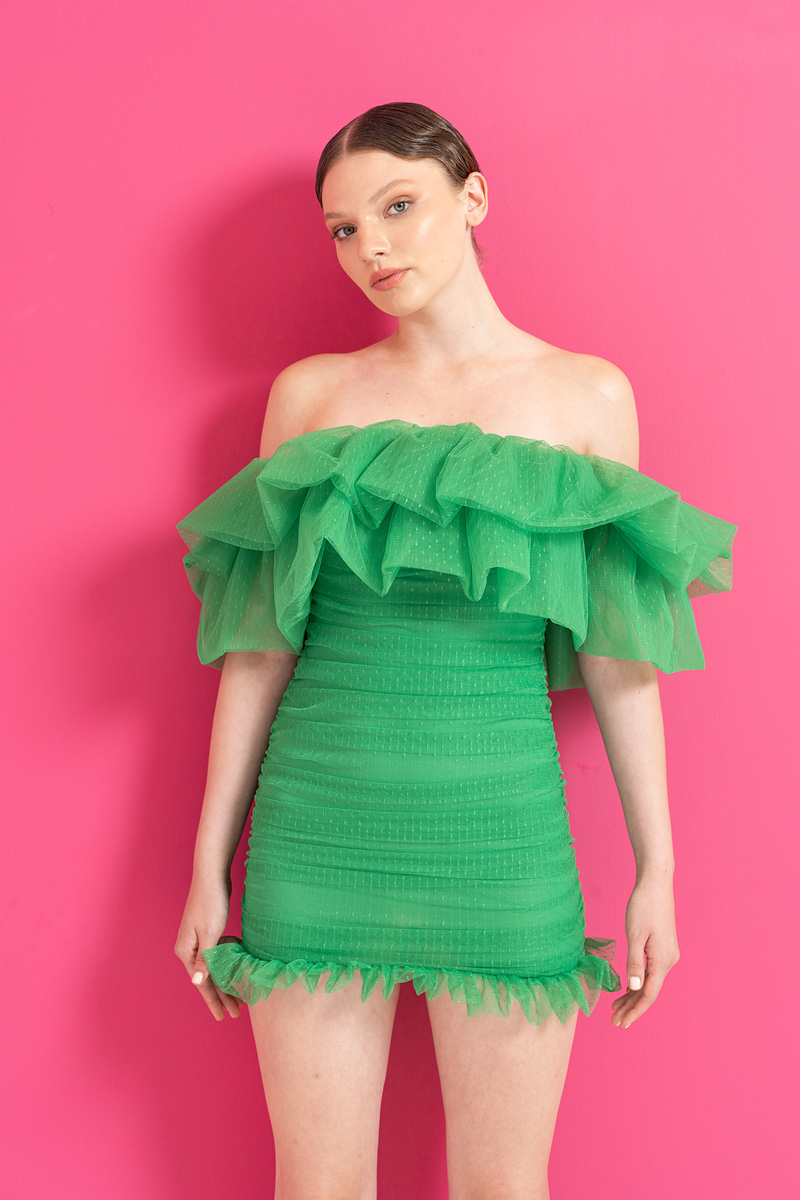 Toptan Tül Detaylı Büzgülü Kelly Green Straplez Elbise