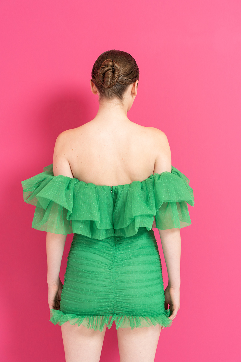 Wholesale Tulle Detail Pleated Kelly Green Strapless Dress