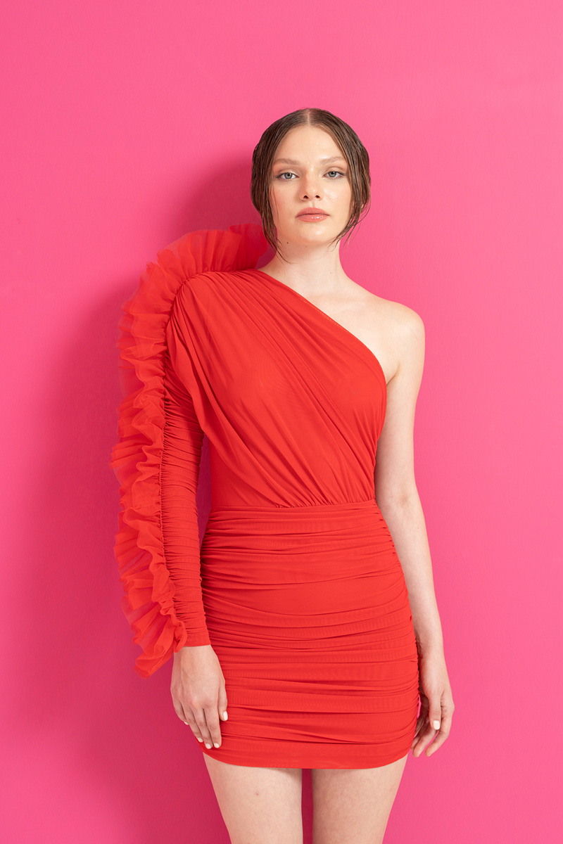 Wholesale Red One-Shoulder Shirred Mesh Dress