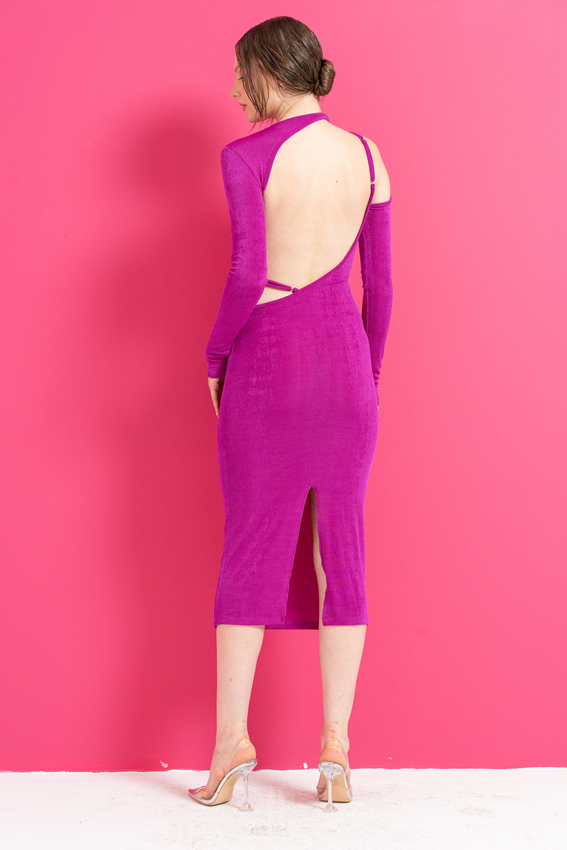 Wholesale Magenta Long-Sleeve Backless Dress