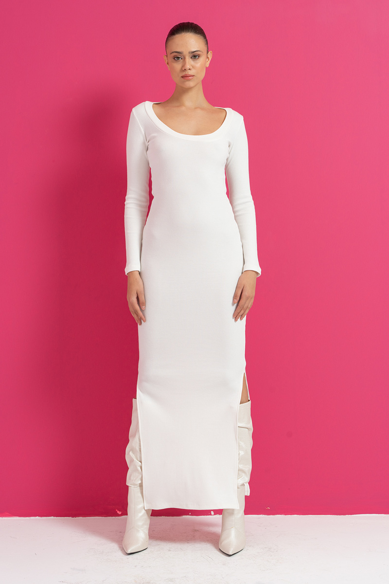 Long Sleeve Offwhite Slit Maxi Dress