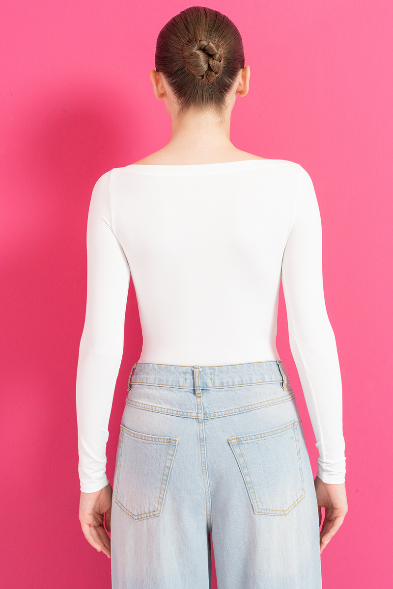 Boat Neck Long Sleeve Offwhite Top