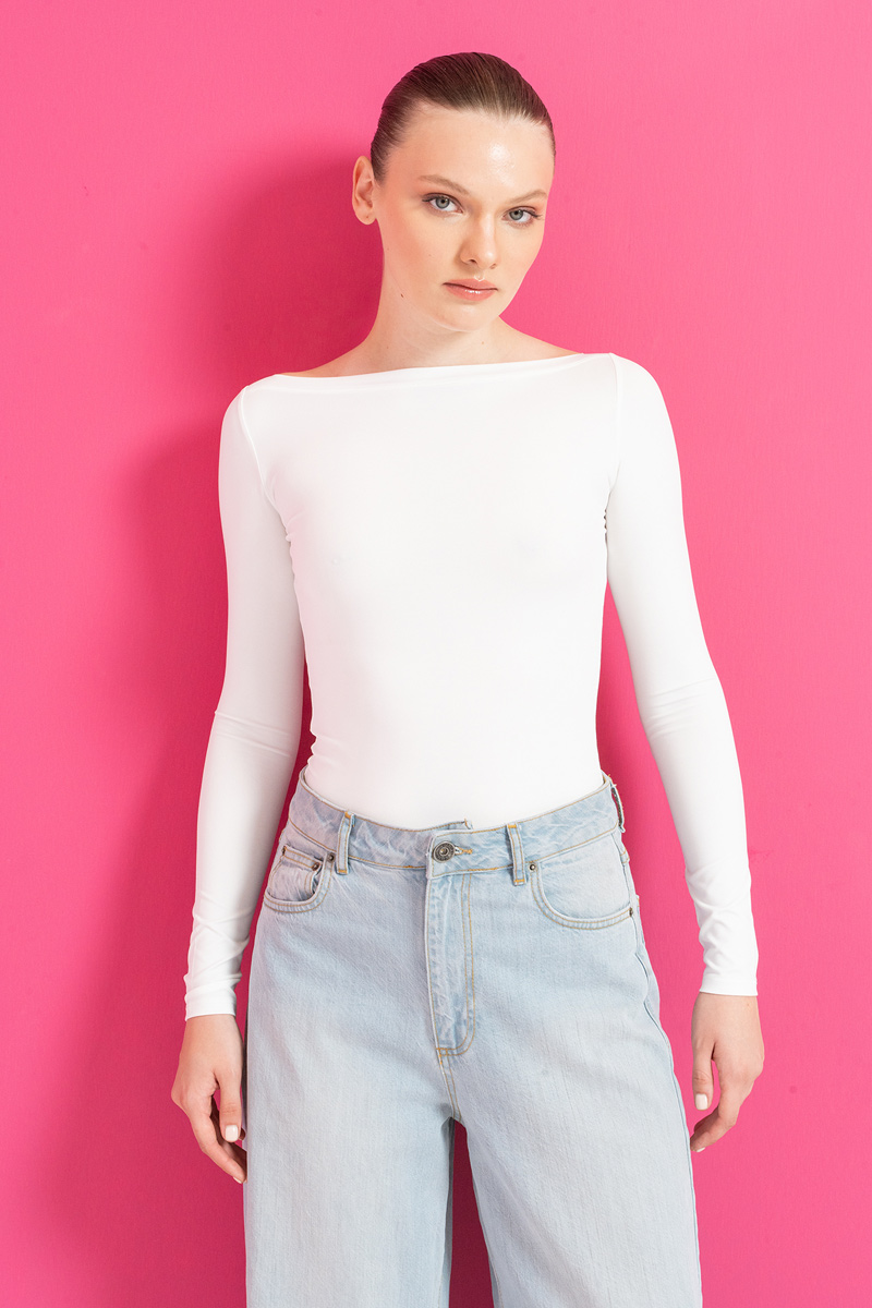 Boat Neck Long Sleeve Offwhite Top