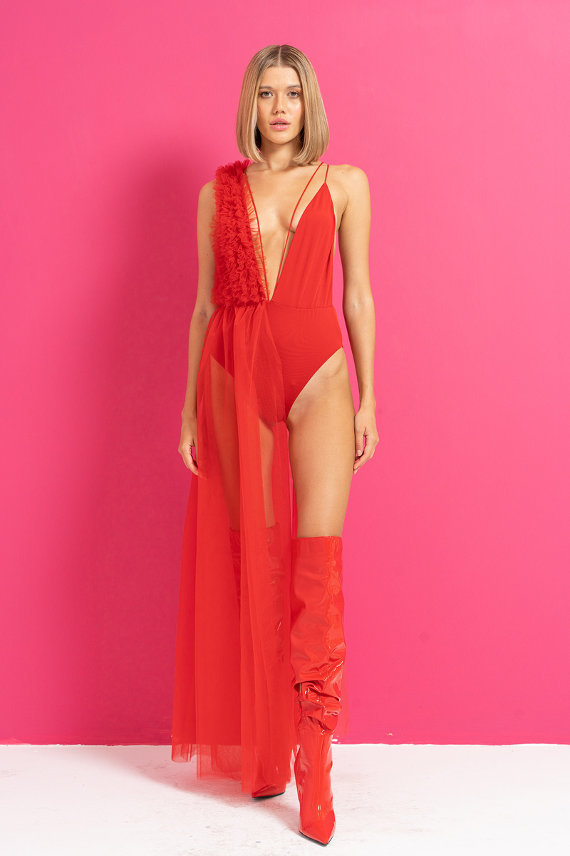 Wholesale Red Mesh-Accent Cami Bodysuit