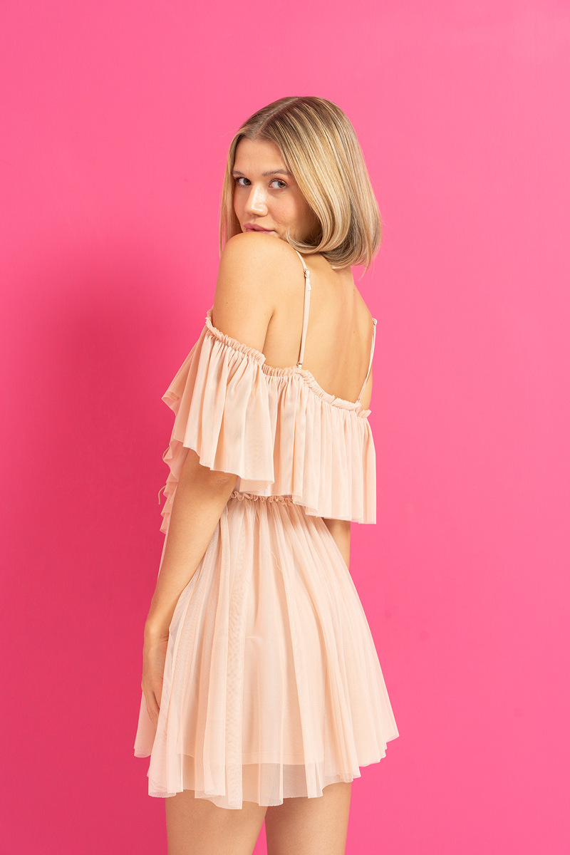 Nude Off-the-Shoulder Cami Tulle Dress