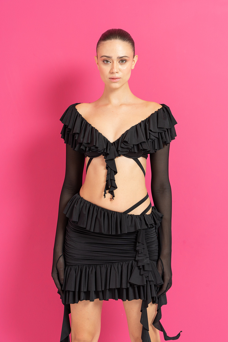 Wholesale Black Ruffle-Trim Crop Top with Gloves & Skirt Set